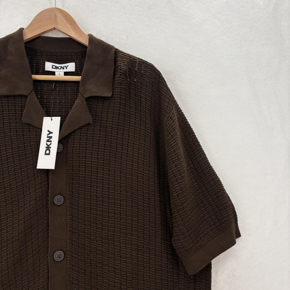 DKNY Crochet Cotton Knit Polo Sweater Mens L Brown Button Front Short Sleeve NWT - Picture 2 of 13